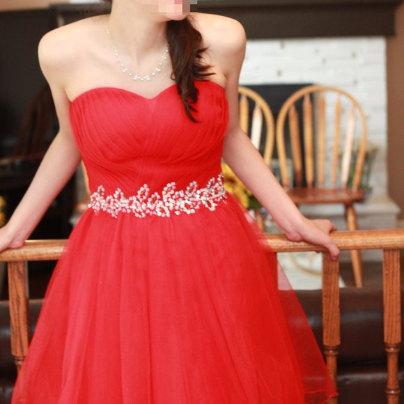 Red A-Line Strapless Sweetheart Corset Back Dress with Beading - Picture 3 of 8